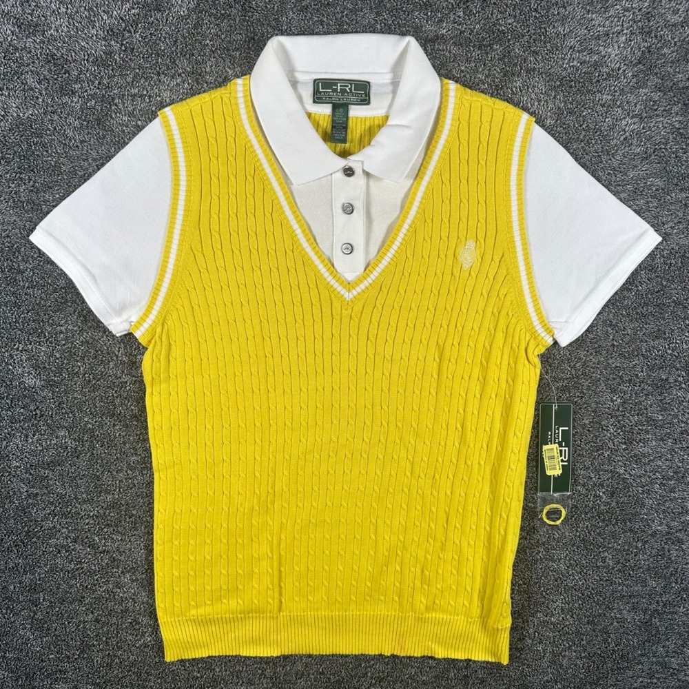 Lauren Ralph Lauren Active Polo Shirt Womens L Yellow Layered Cable Knit NEW